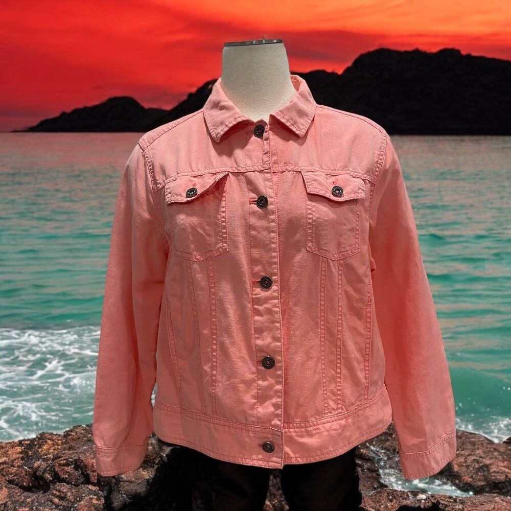 LL Bean Coral Denim Jacket Classic Lightweight Casual Chic‎ Versatile Vibrant
